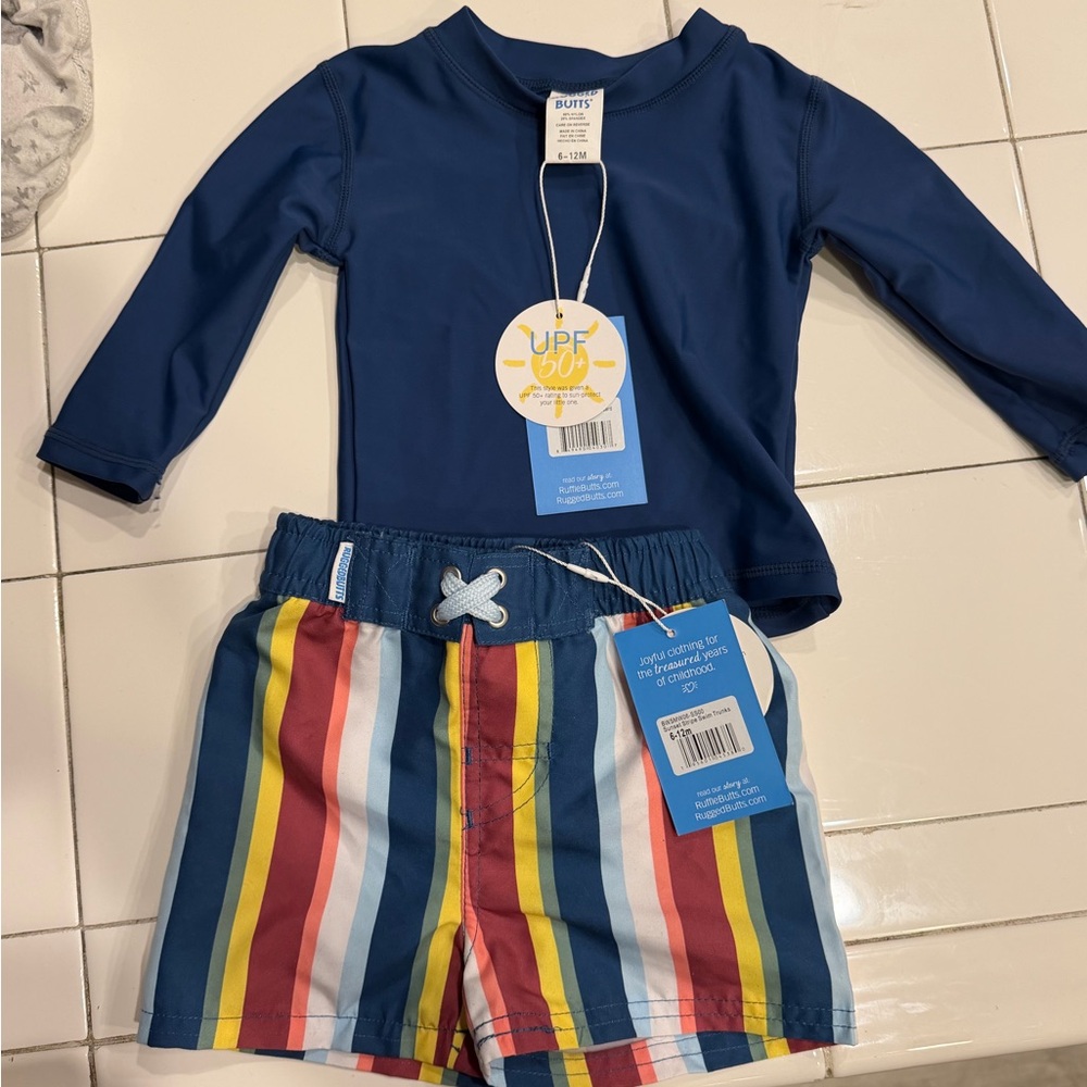 Rugged Butts baby Navy UPF Rashguard Set with Multi-Stripe Swim Shorts